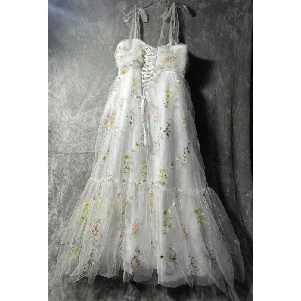 White Multicolor Floral Embroidered Tulle Satin Gown Dress Size 24W Sleeveless - Picture 2 of 13